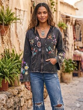 Embroidered Floral Zip-Up Hoodie Jacket - Distressed Black with slight flares